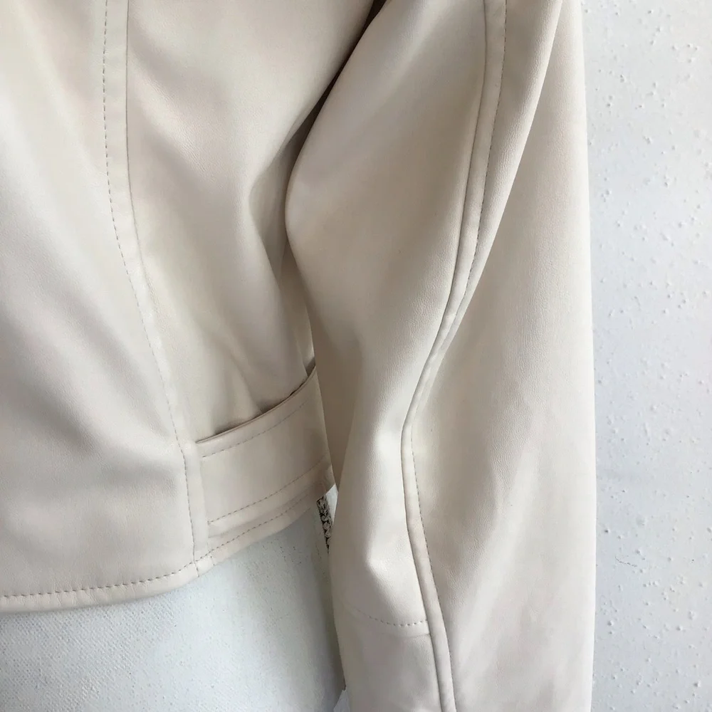 AND NOW THIS WOMEN STYLISH CREAM FAUX LEATHER COLLARED ZIPPER MOTO JACKET SZ L - Picture 7 of 12